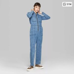 Wild Fable Blue Denim Collard Long SL Front Zip Utility Jumpsuit Sz Med Junior